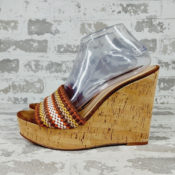 New Veronica Beard Dali Multi Woven Raffia Leather Cork Wedge Sandals K729